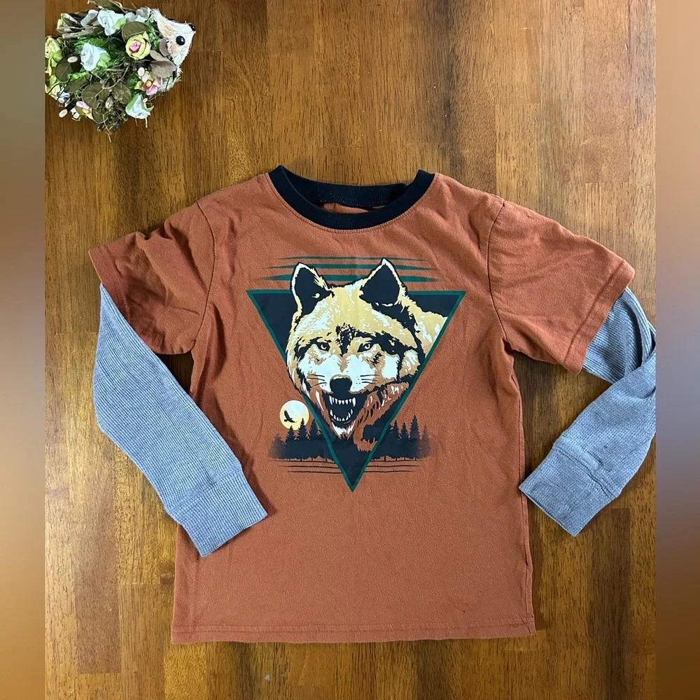 Boys Wolf Graphic Layered Long Sleeve Tee – Size 5/6 | Brown & Gray